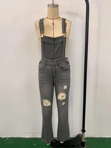 Distressed grey denim overalls for women displayed on a professional studio mannequin.