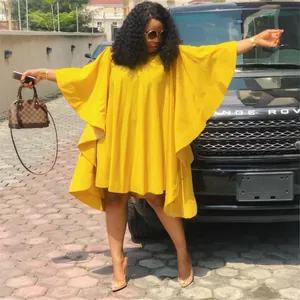 Robe longue plissée grande taille jaune vif à manches chauve-souris, style décontracté
