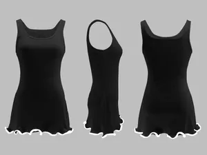 Detailed multi-angle view of black sleeveless ribbed tank dress with wavy lettuce hem
