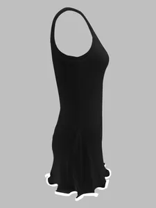 Side view of black ribbed sleeveless dress with white wavy ruffle hem detail
