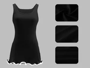 Detailed view of the black ribbed knit fabric and ruffled hem on this slim fit sleeveless dress