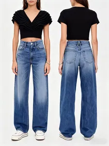 Jeans Large Taille Haute pour Femmes Décontracté Ample Denim Lavé Mélange de Coton Coupe Droite Pantalon Vintage