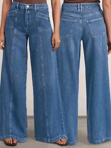 Jean bleu élégant à jambe large et taille haute pour femme avec couture centrale devant