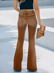 Vintage bruine slim fit flared jeans voor dames met hoge taille en elastische denim stof