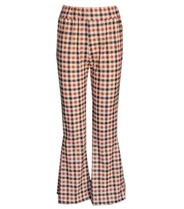 Vue complète du pantalon évasé taille haute pour femmes à carreaux vichy rose et marron chic