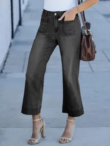 Pantalon en jean court moderne noir délavé à jambes larges et coupe droite pour femme