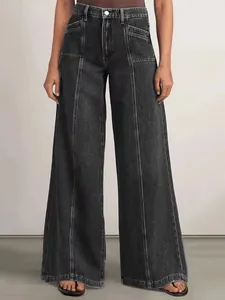 Jean large gris taille haute pour femme avec coutures décoratives et coupe fluide