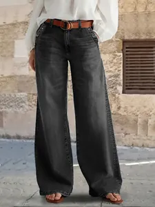 Vue complète du jean large pour femme en denim délavé gris foncé de style vintage