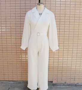 Detailed front view of a white slim fit jumpsuit with pleated sleeves and belt