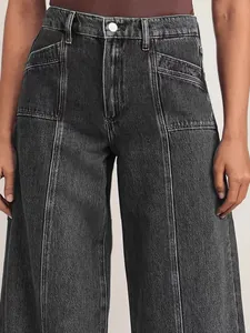Jean large taille haute gris anthracite pour femme avec coutures et poches