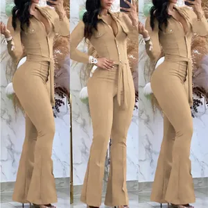 Khaki long-sleeve jumpsuit with a shirt collar and a belted waist, triple view