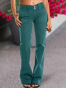 Jean droit taille haute pour femme couleur sarcelle avec fermeture à double bouton
