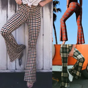 Pantalon Évasé à Carreaux Rétro pour Femmes Taille Haute Slim Fit Bell Bottom Pantalon Vintage Long Décontracté Bas