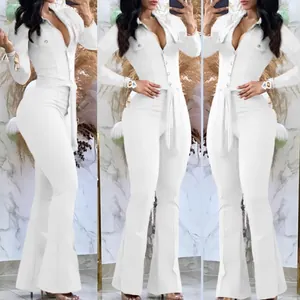 Multi-angle views of a white long-sleeved jumpsuit with shirt collar and flared pants