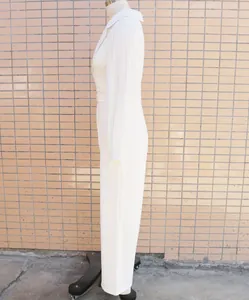 Side view of elegant white pleated long sleeve jumpsuit with a sleek blazer collar