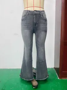 Women's high waisted grey washed flare jeans in slim fit street style