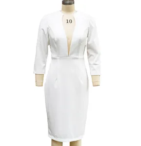 Front view of white long-sleeved bodycon dress with deep V-neckline