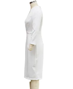 Side profile detail of an elegant white slim-fit long-sleeve dress for women 2025