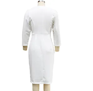 Elegant white slim fit long sleeve midi dress for women shown from the back view