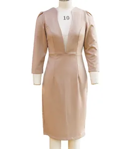 Close-up detail showing the elegant slim solid color V-neck long sleeve midi dress