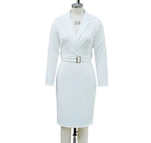 Elegante vestido de oficina tipo blazer blanco de manga larga con cinturón para mujer