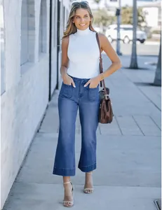 Jean large et droit pour femme, bleu délavé, coupe 9/10, idéal pour un look de rue urbain chic