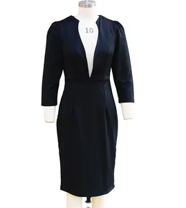 Elegant black slim-fit dress with deep V-neck and long sleeves displayed on a mannequin