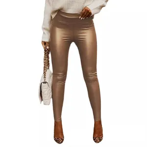 Eleganti leggings in ecopelle metallizzata champagne ad alta elasticità da donna