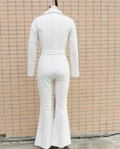 Detailed back view of an elegant white long-sleeved commute jumpsuit with a shirt collar design