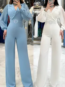 Women Elegant Pleated Long Sleeve Lapel Jumpsuit Slim Fit Solid Color Wide Leg One Piece Romper Autumn Winter Fashion Clothing