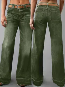 Jean en denim vert armée à taille haute et jambe large pour femme, vues avant et arrière.