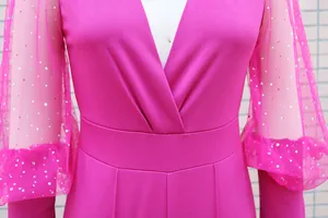 Dettaglio ravvicinato di una tuta fucsia con maniche in rete paillettata e scollo a V
