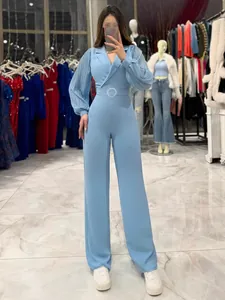 Elegant light blue long sleeve jumpsuit with pleated sleeves and lapel collar for women