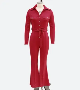 Front view of elegant red long-sleeved jumpsuit featuring a shirt collar and matching belt