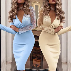 Elegant Women Lace Stitching Slim Fit Hip Wrap Midi Dress V-Neck Long Sleeve Polyester Spandex Casual Party Formal Dress