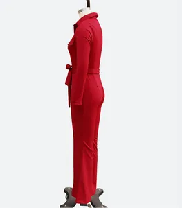Side view of an elegant red long-sleeved jumpsuit with a shirt collar and waist tie.