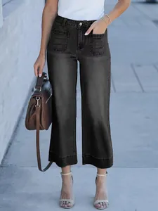 Jean court pour femme à jambe large gris foncé élégant avec poches plaquées devant