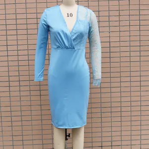 Slim fit light blue dress featuring elegant lace patchwork and V-neckline design
