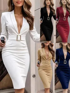 Elegante Vestido Blazer de Manga Larga para Mujer Cuello en V Ajustado Midi Oficina Vestido de Tubo Con Cinturón Negocios