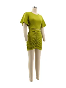 Full view of the olive green two-piece set on a mannequin showing ruched skirt detail