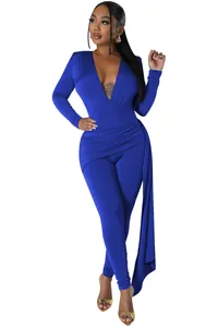 Full body view of elegant royal blue deep V-neck jumpsuit featuring side drape detail