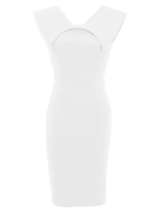 Front view of a elegant white sleeveless office dress with unique neckline detail.