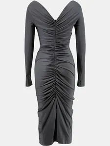 Detailed macro back view of a charcoal grey ruched bodycon midi dress featuring a V-neckline.