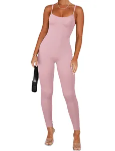 Detailed view of a pink ribbed spaghetti strap jumpsuit with a sleek, form-fitting design.