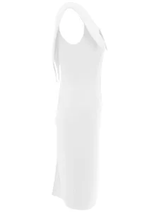 Side view detail of an elegant white sleeveless office midi dress with a back slit
