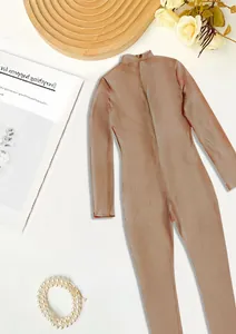 Detailed view of the brown ribbed long-sleeve sports jumpsuit featuring a back zipper