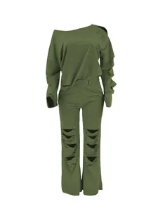Detailed view of army green ripped two-piece set featuring off-the-shoulder sweatshirt