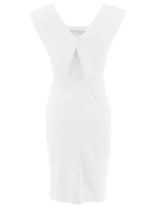 Detailed back view of a white sleeveless office dress with a large pointed collar.