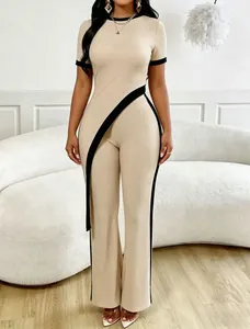 Women's chic ribbed two-piece set featuring contrast trim and a diagonal waist detail.