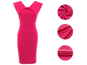 Close-up views showing the high-quality fabric texture of this magenta sleeveless office dress.